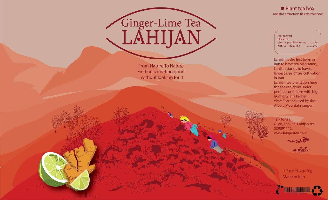 Ginger-Lime Tea box artwork: red and coral hills with ginger and lime