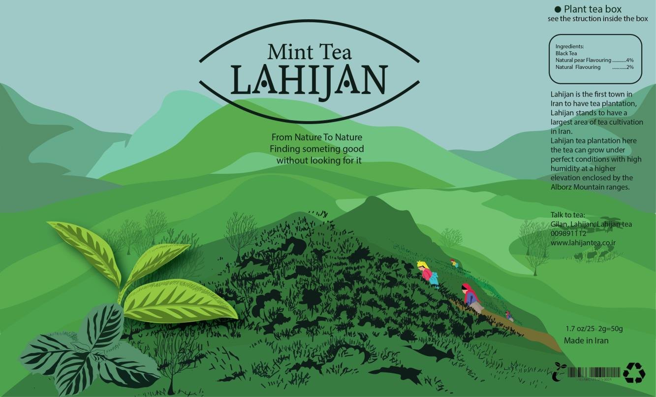 Mint Tea box artwork: green tea terraces with mint leaves