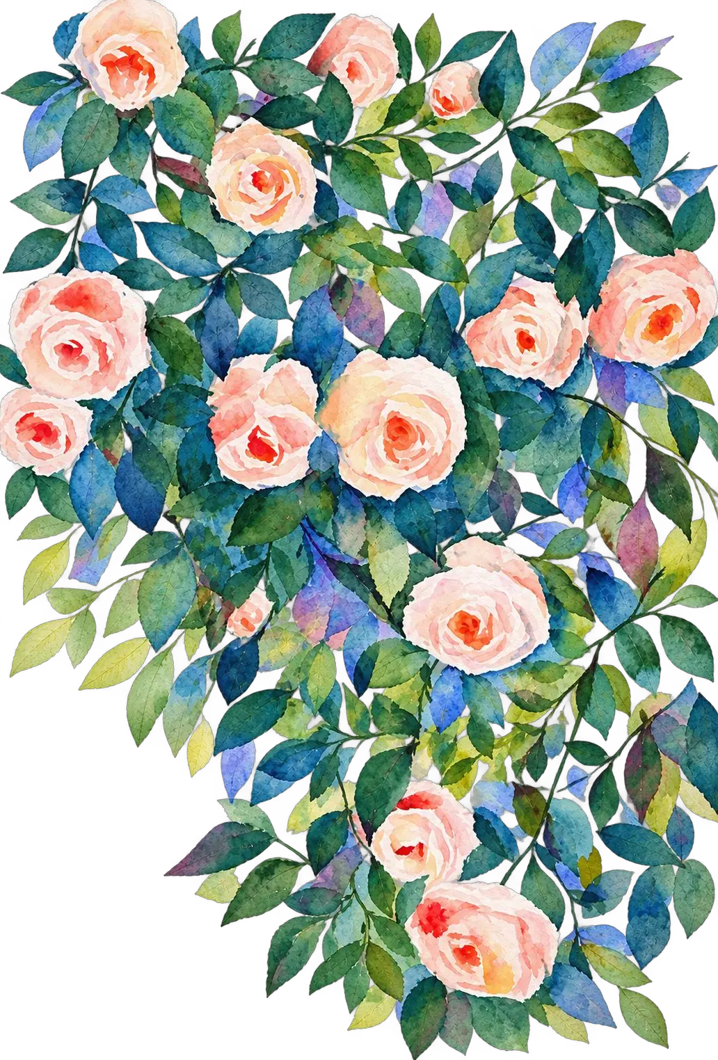 Watercolour of pink roses among blue-green leaves
